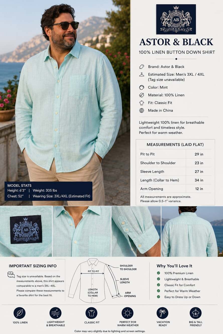 Astor & Black Men’s 3XL 4XL Mint Green 100% Linen Button Down Shirt Big Tall